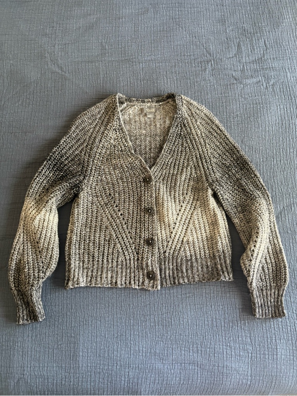 Natural Reflections Cozy Ombre Open Knit Button-Up Cardigan - gray and black